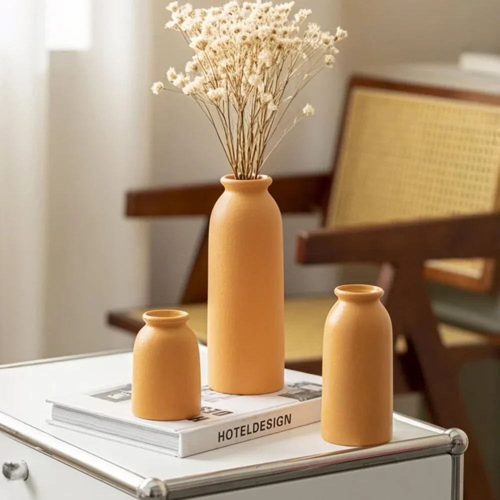 Set-3 Ceramic Orange Modern Style Dried Flower Vases Pampas Grass Home Decor